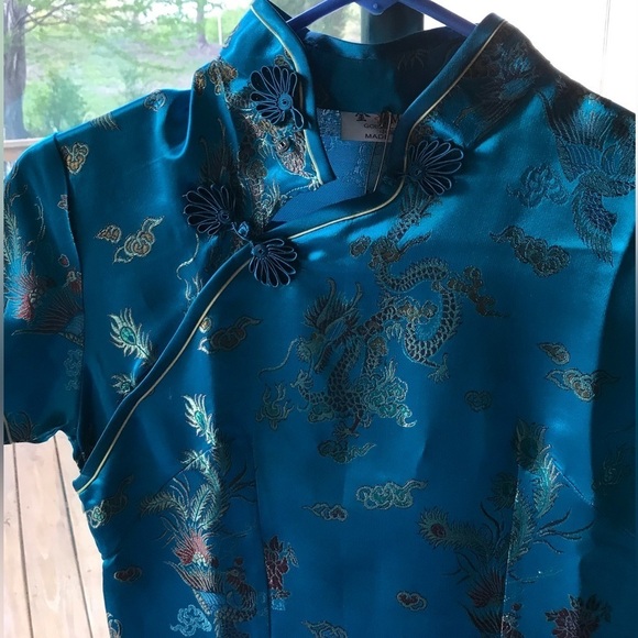 🐉 STUNNING *NEW* TURQUOISE CHINESE CHEONGSHAM QIPAO DRESS 👗 SIZE MED US SZ 2 - Picture 4 of 14